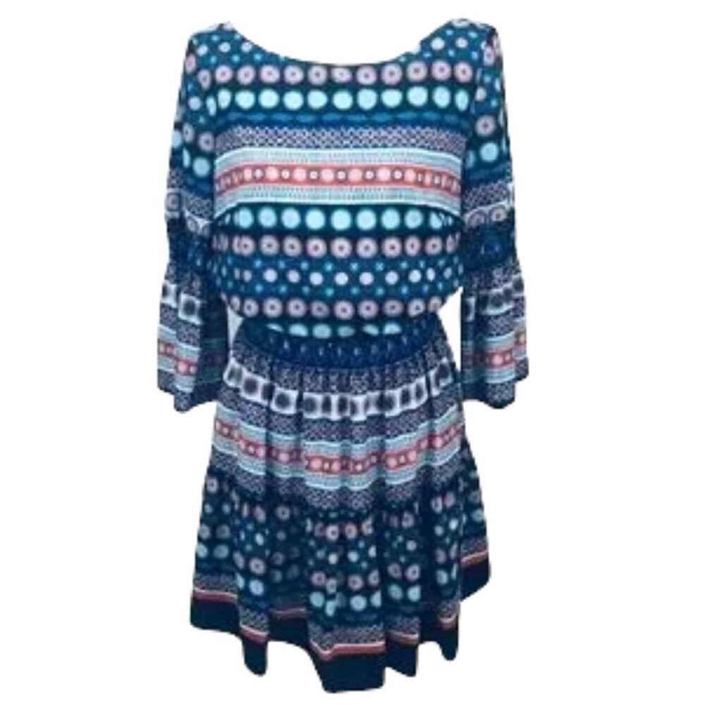 Eliza J Blue and Coral Multi Colored Dress Circle Print Mid-Century Vibe. Sz. 10